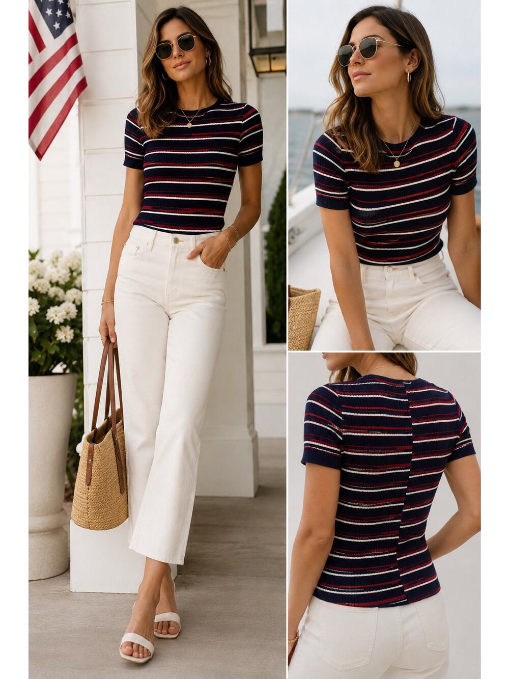 FRAME XS Ribbed Stripe Knit Tee Navy Red White Americana Coastal French Chic Top